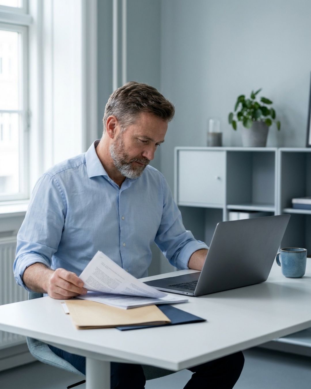 A bookkeeper reviewing a printed registry extract next to his laptop