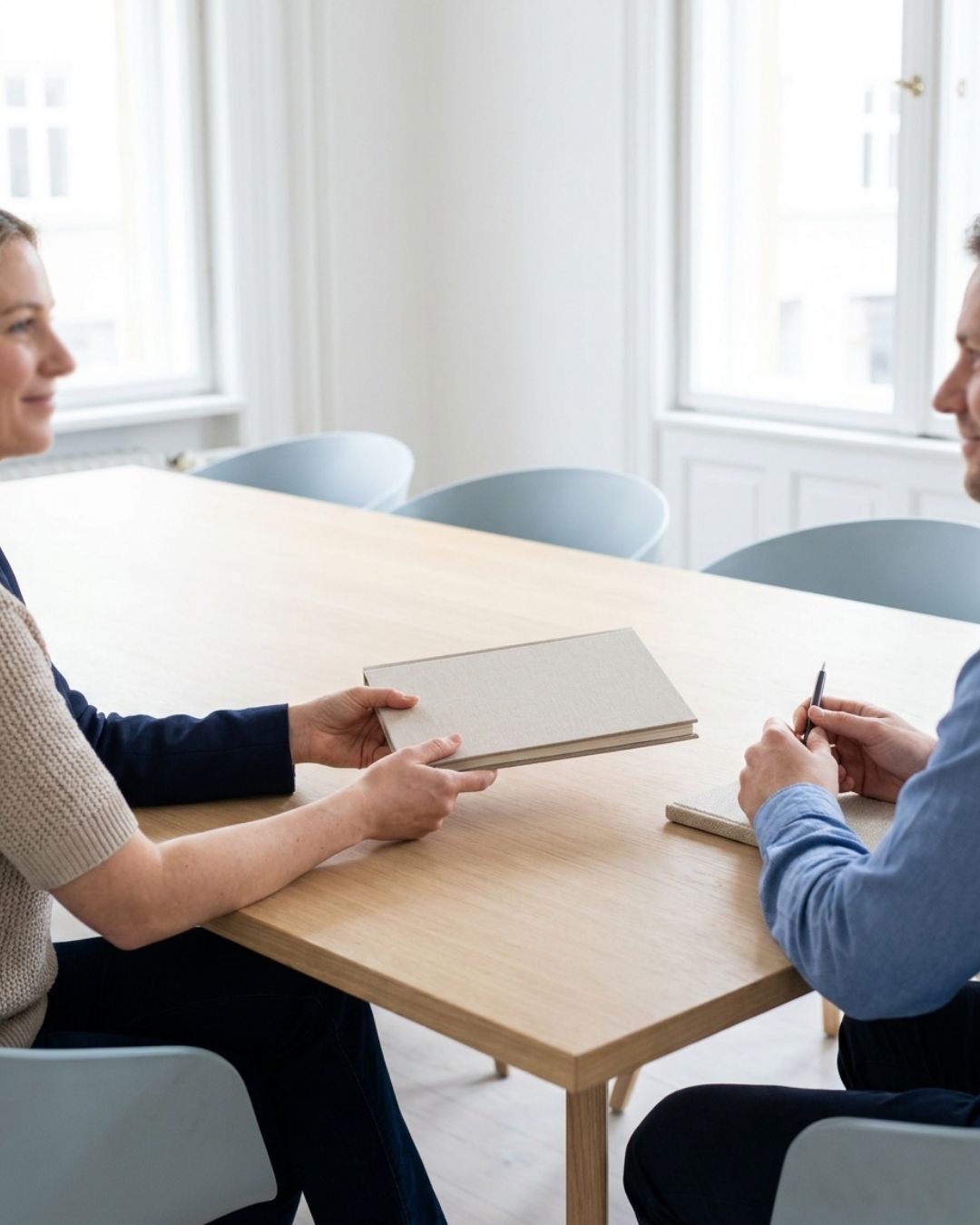 A practitioner handing a bound client file across the table to a visiting inspector
