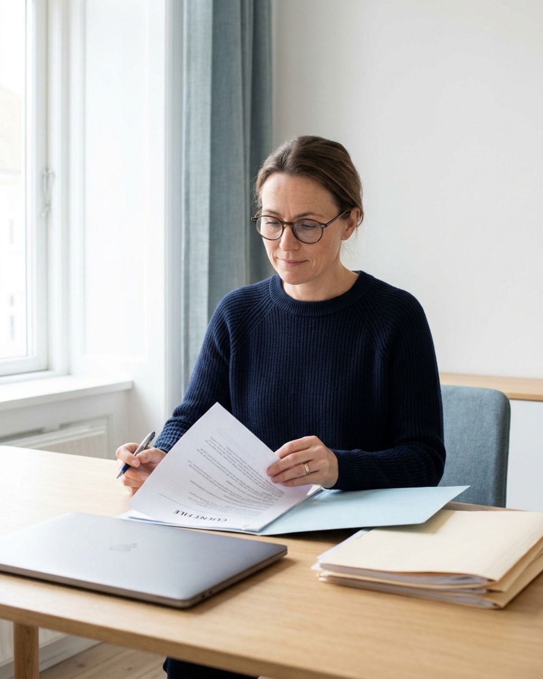 An accountant at her desk reading through a printed client file